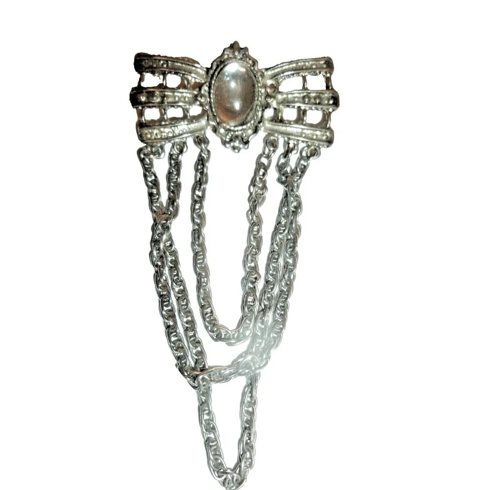 Vintage Silver Tone Bow Brooch‎ with Draping Chains and Faux Moonstone Cabochon